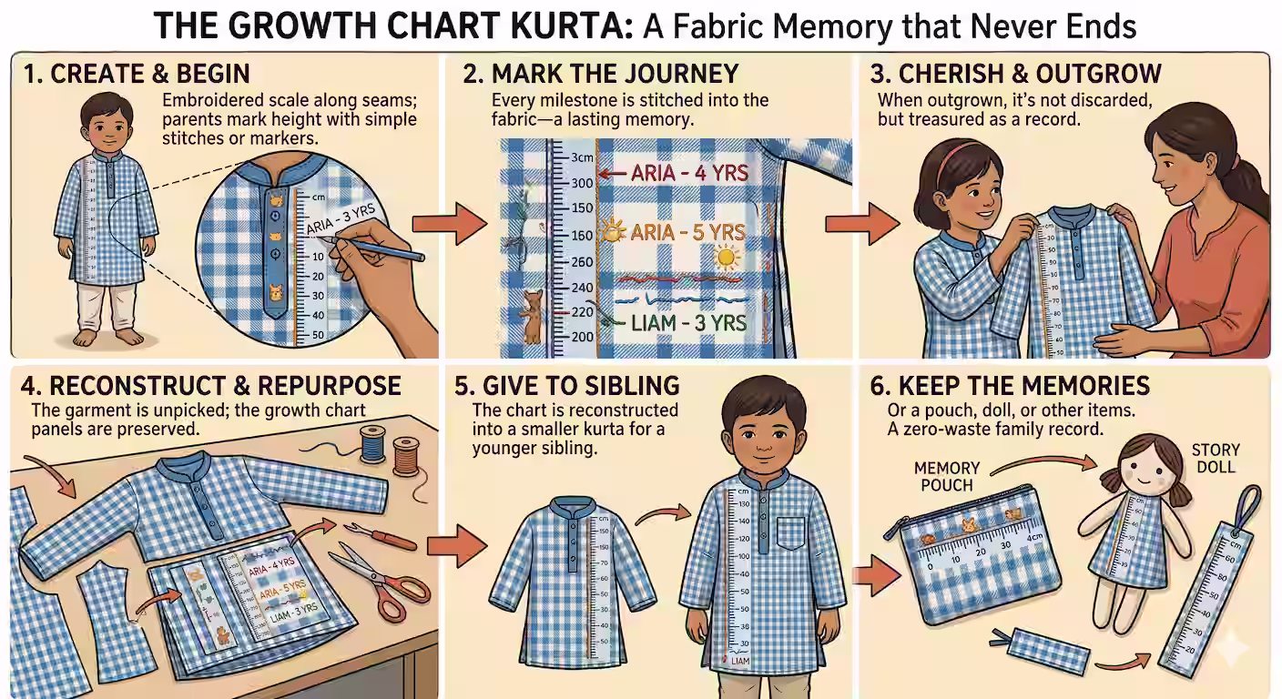 Growth Chart Kurta — measurement markings embroidered along the seam, shown in multiple views