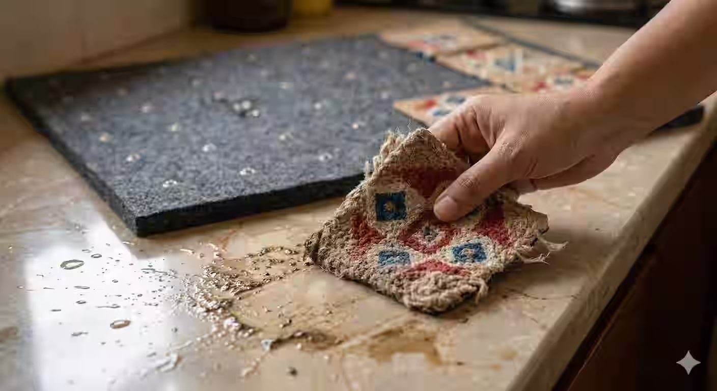 Worn tile being used as a cleaning rag