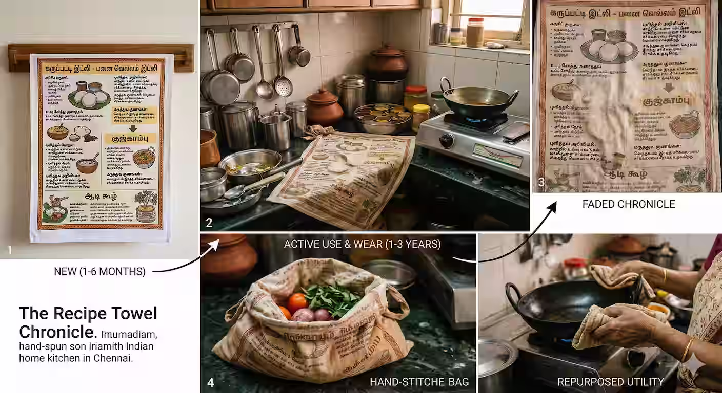 Kitchen towel printed with Tamil recipes, fading with use to reveal most-cooked dishes
