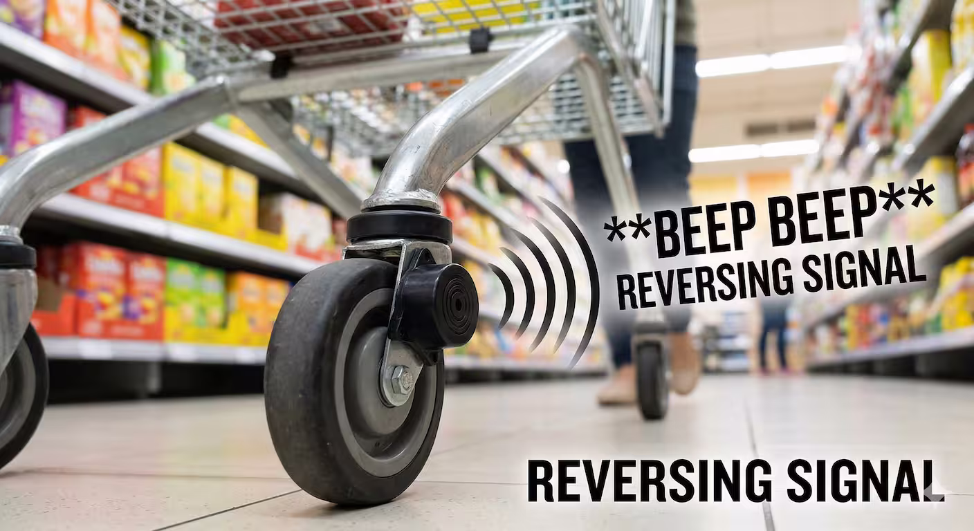 Shopping cart with piezo buzzer emitting a beep when pushed backward