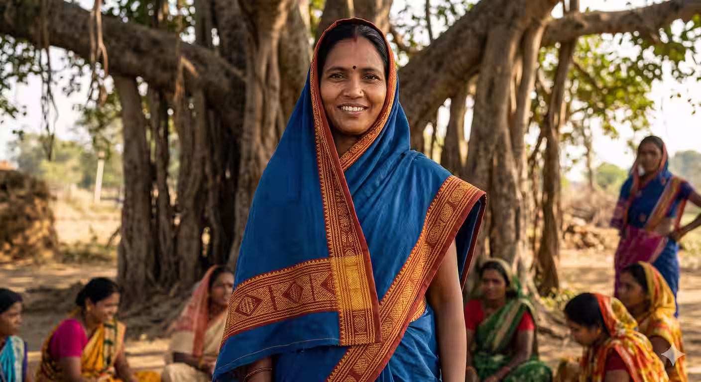 Women wearing seed-border saris at a community gathering