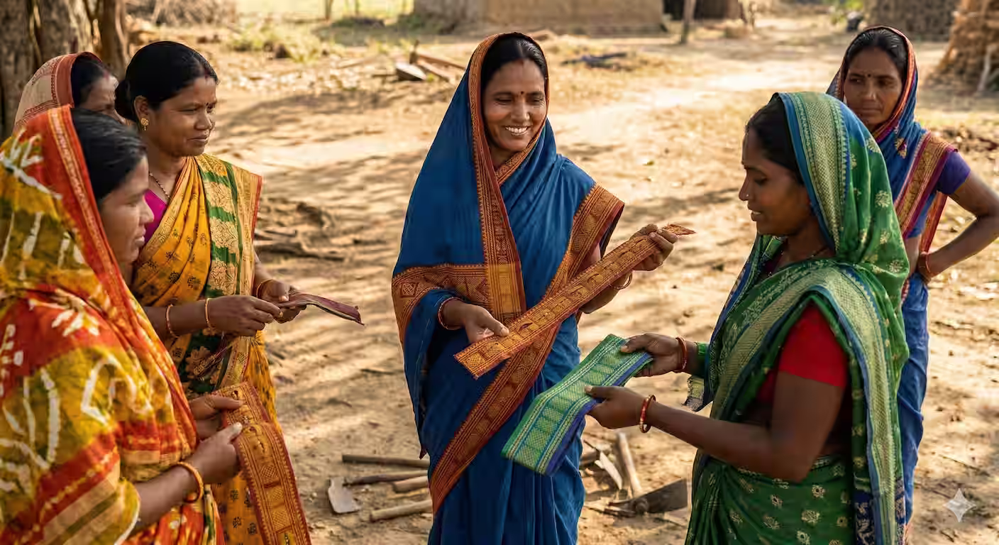Two women exchanging seed-border sections at a gathering