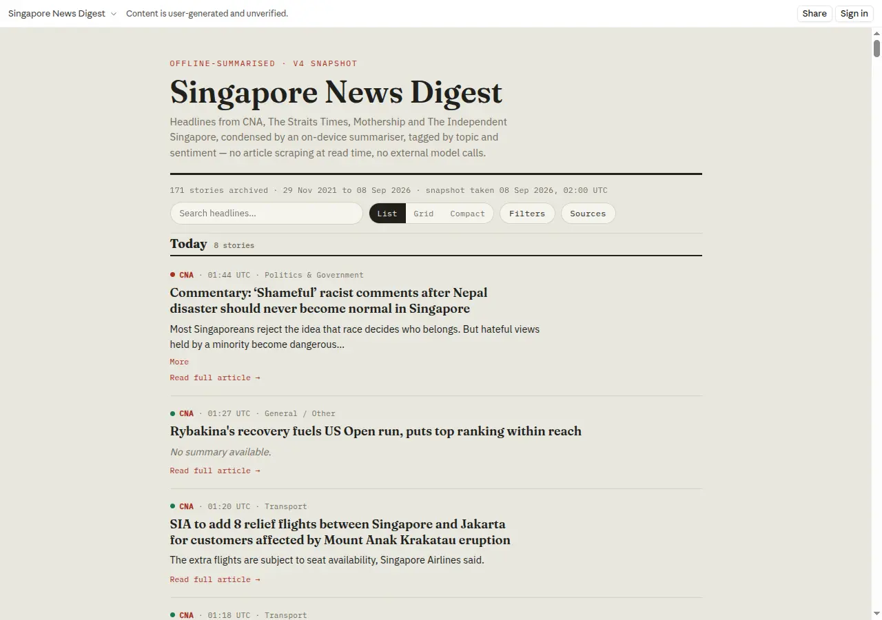 Singapore News Digest — KK's news-summary app, showing offline-summarised headlines from CNA, The Straits Times, Mothership and The Independent Singapore
