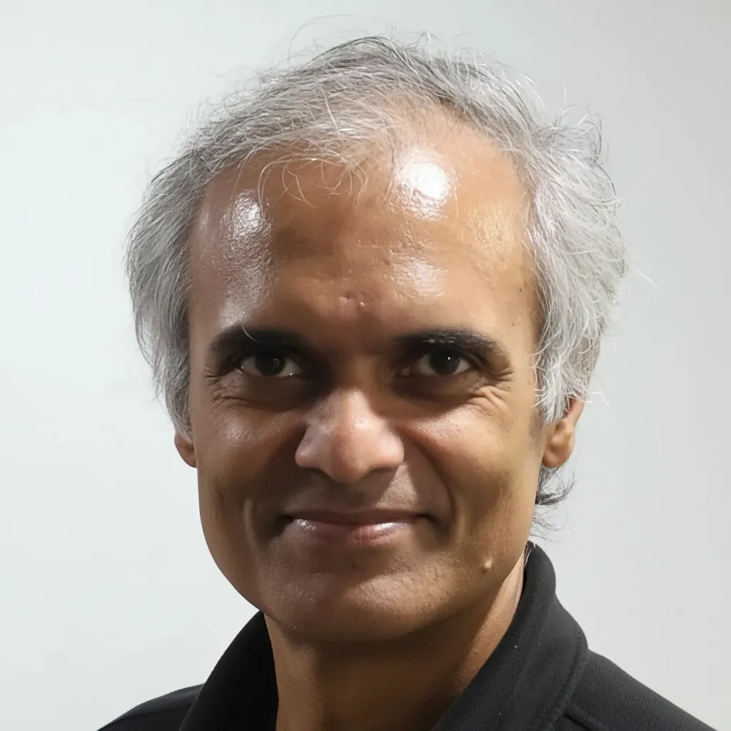 Portrait of Anand S, grey hair, smiling, black collared shirt
