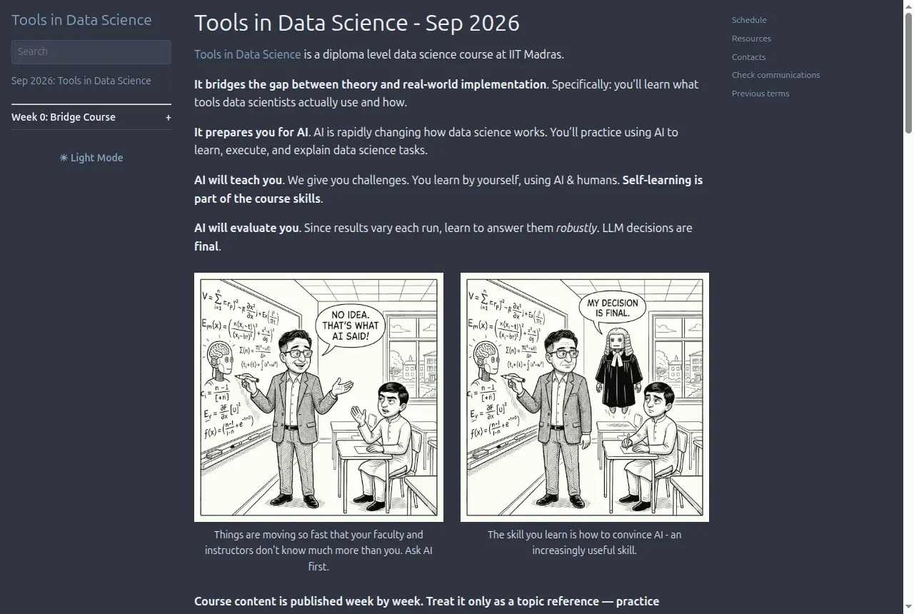 Screenshot of the Tools in Data Science Sep 2026 course page: AI will teach you; AI will evaluate you; comics of a teacher saying 'No idea, that's what AI said'.