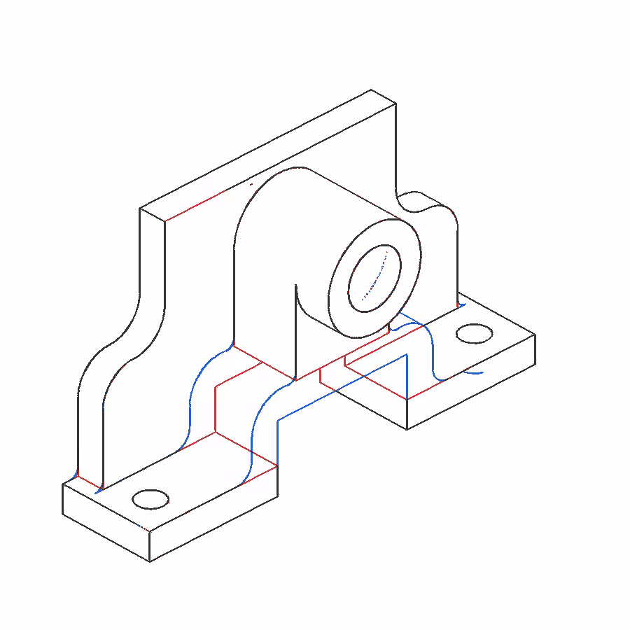 Overlay of both outlines: shared edges in dark grey, reference-only curved fork edges in blue along the lower body, Codex-only straight edges in red.