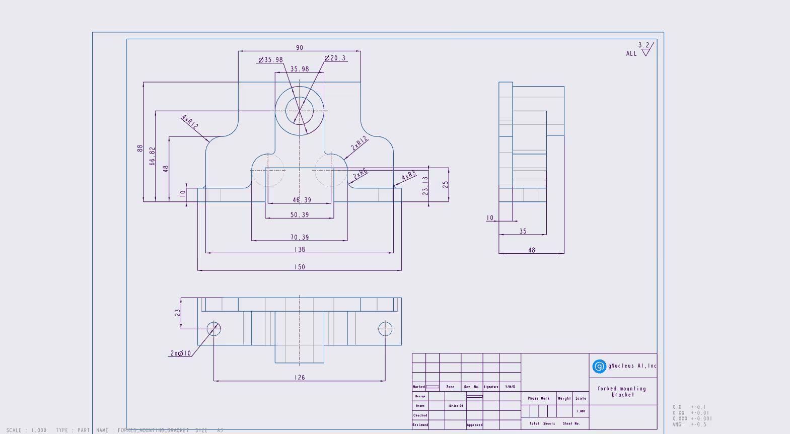Dimensioned engineering drawing of a forked mounting bracket: front view with a 150 mm base, 90 mm upper width, a round boss with Ø35.98 and Ø20.3 circles, radii R12, R6 and R3, and a side view 48 mm deep with a 35 mm step.