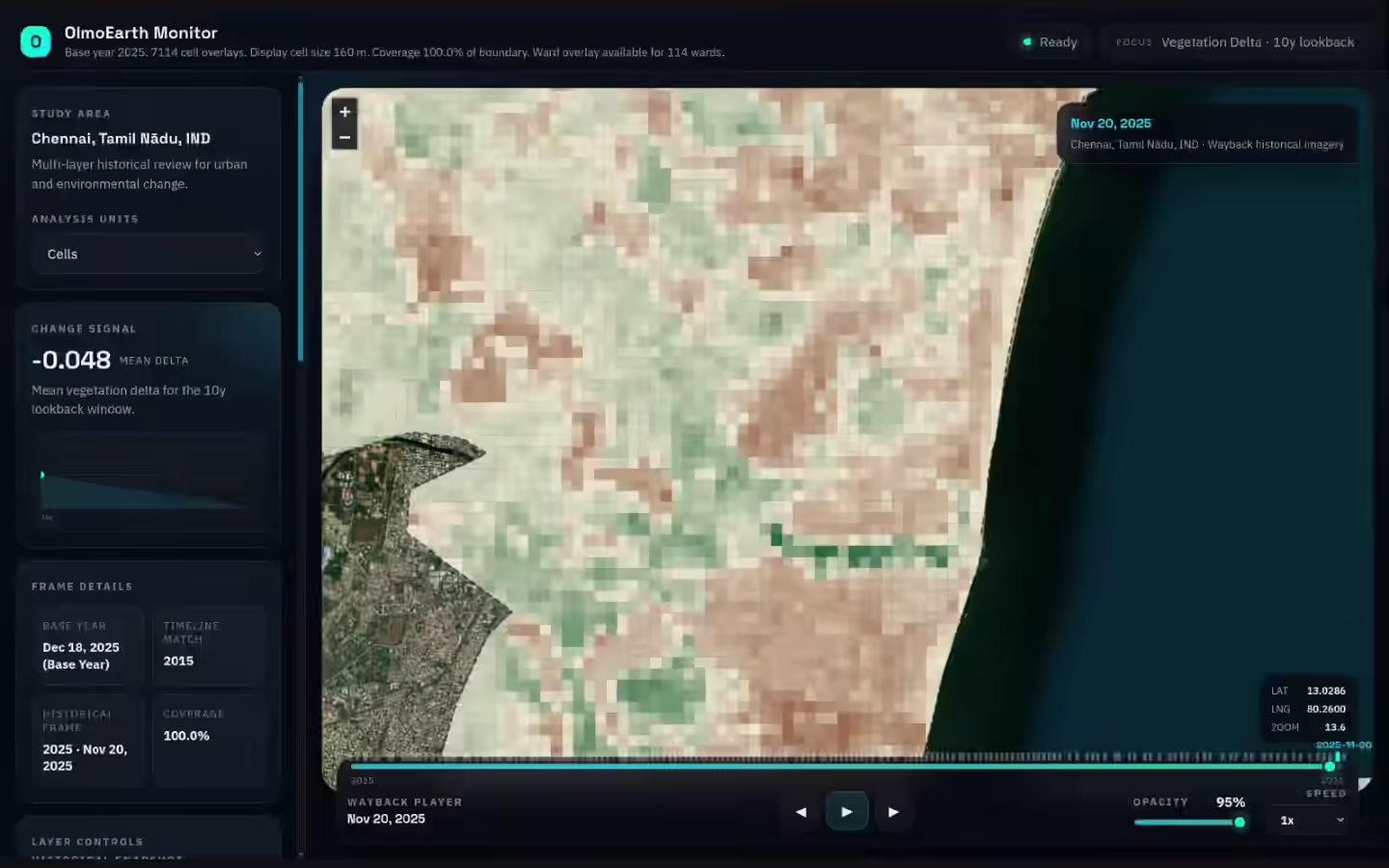 Frame from the class video: the OlmoEarth Monitor showing Chennai's coast as a grid of cells shaded from brown to green, with a bright green strip running inland along a river. The map's focus label in the top-right corner and the change-signal description in the left panel are covered.